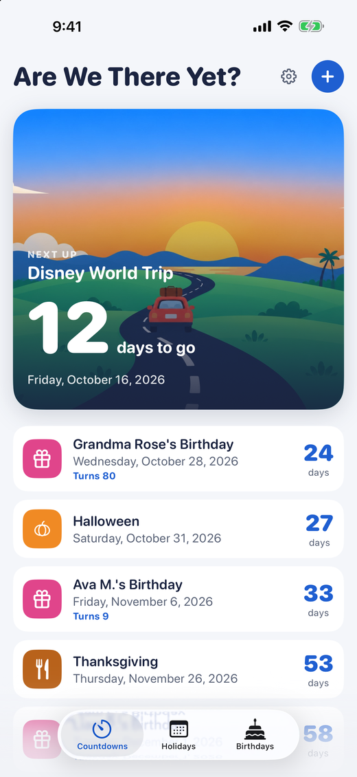 Are We There Yet? on iPhone, showing a Disney trip 12 days away and upcoming birthdays and holidays