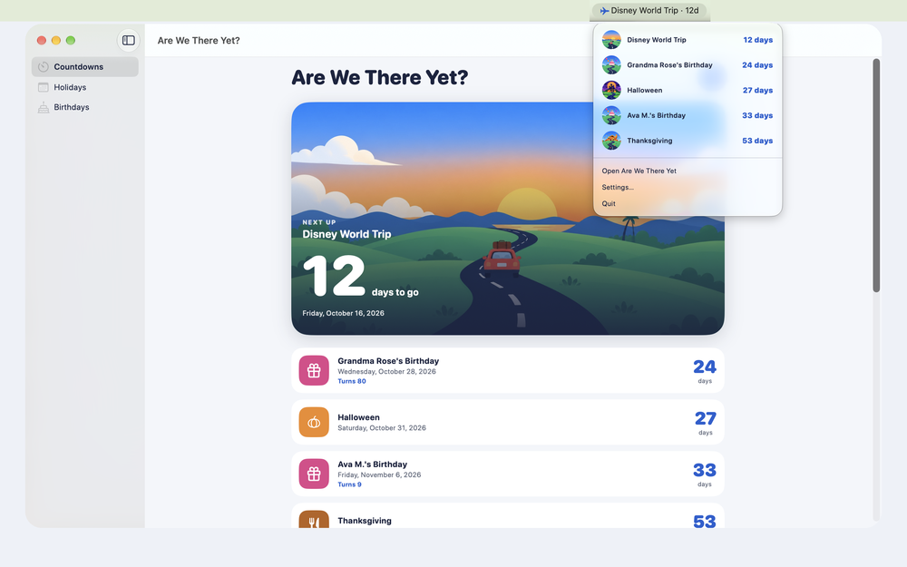 The Are We There Yet? countdown in the Mac menu bar, with the upcoming events listed below it