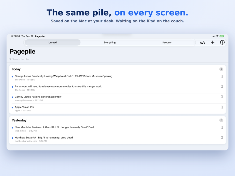 Pagepile's iPad app showing the saved pile