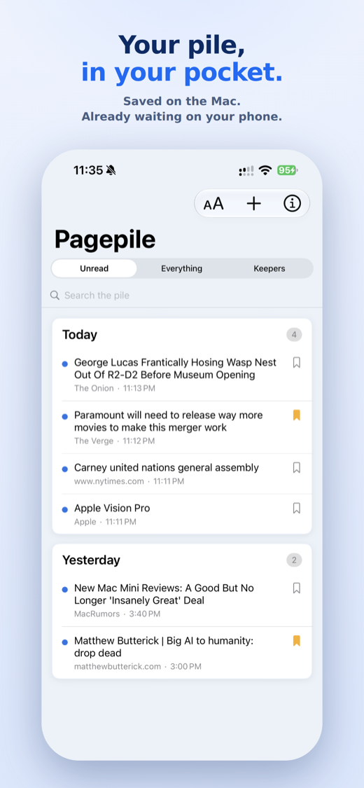 Pagepile's iPhone app showing a saved page ready to read