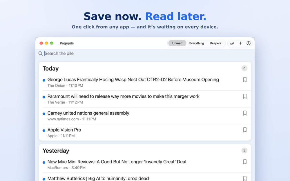 Pagepile's Mac menu bar app showing a pile of saved pages, ready to read later