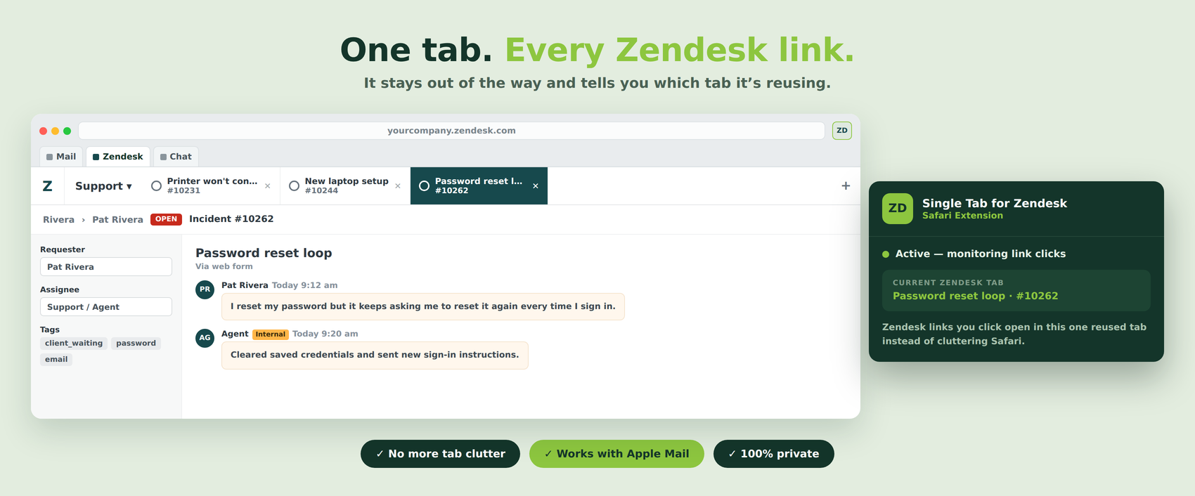The Single Tab for Zendesk extension popover showing it is active and naming the Zendesk tab being reused