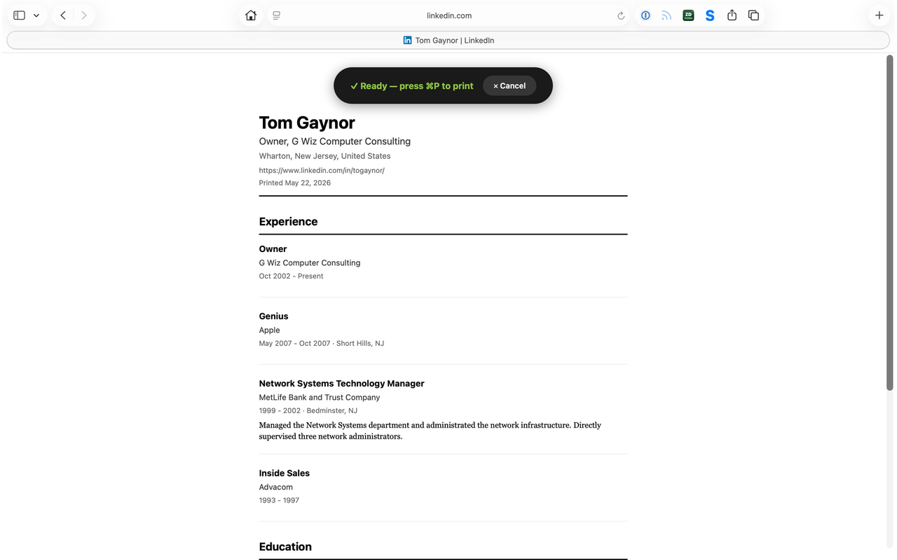 The LinkedIn profile cleaned into a rรฉsumรฉ-style document